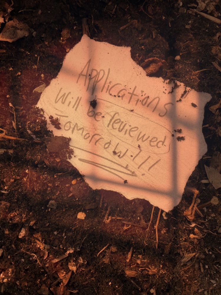 A piece of paper reading, "Applications will be reviewed Tomorrow!!!" Is sitting in the dirt.