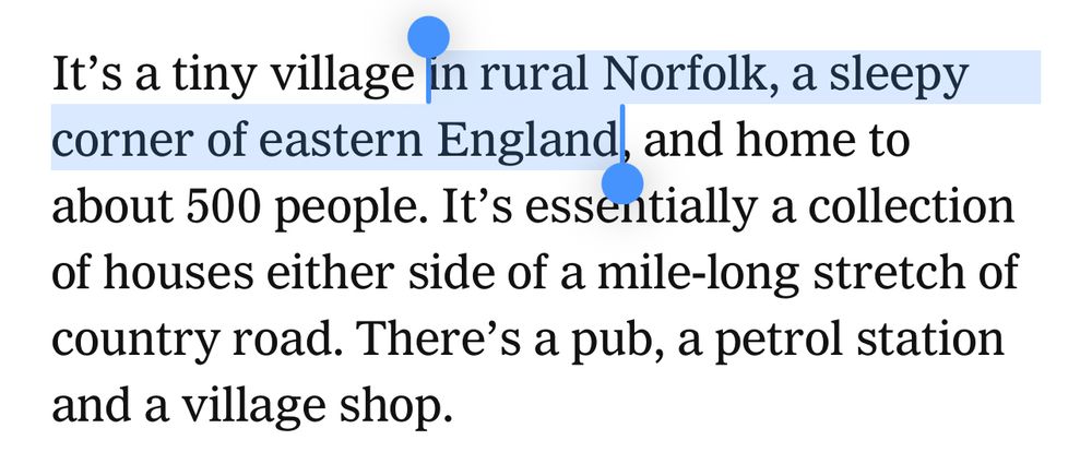 It's a tiny village in rural Norfolk, a sleepy corner of eastern England, and home to about 500 people. It's essentially a collection of houses either side of a mile-long stretch of country road. There's a pub, a petrol station and a village shop.