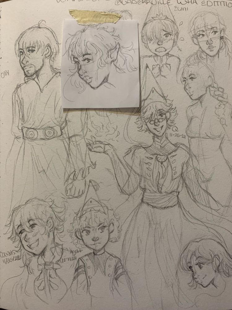 Sketchbook spread of Witch Hat Atelier characters