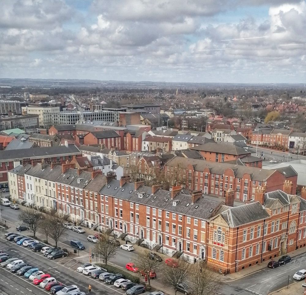 Albion Street in Hull. A beautiful row of Georgian Terraced Houses. Looking North West over Hull from the K2 Tower on Bond Street. 