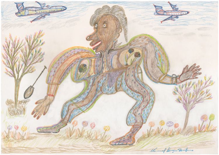 Manuel Lanca Bonifacio, Aeroplanes and Spades, undated, colored pencil on paper, 59,3 x 84 cm, photo : Atelier de numérisation – Ville de Lausanne, Collection de l’Art Brut, Lausanne.  The drawing presents a person, distorted in proportion and movement. Airplanes appear above their head. 