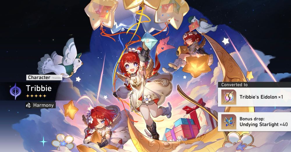 Tribbie pull from Honkai Star Rail who is a small child character with Hermes like aesthetics to their outfit and lots of flowers
The pull shows on of Tribbies eidolons were gained