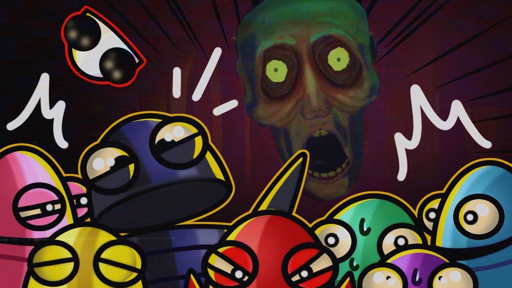 7 R.E.P.O robots with varying expressions and 1 dead head of a robot all in front of an angry head man