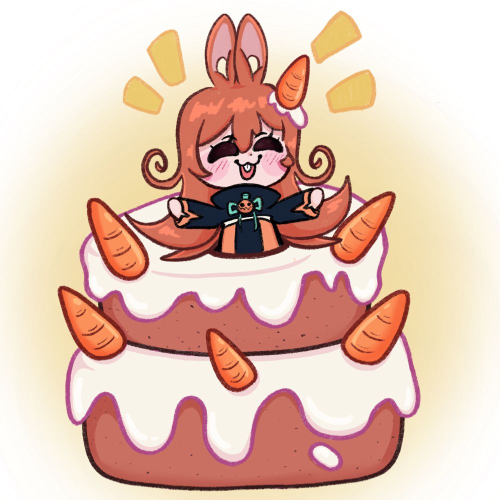Spooki bunny witch vtuber with a Halloween theme coming out of a carrot cake for a birthday celebration 