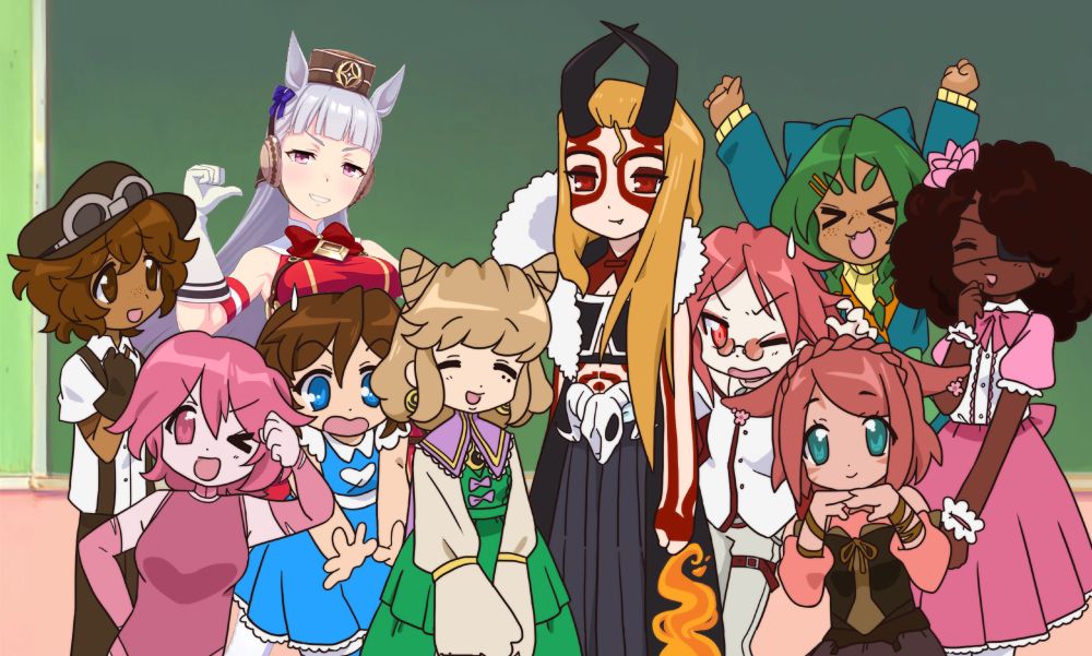 a drawing/edit done in the style of lucky star, with a cast of 9 ocs standing in front of the whiteboard and posing for the viewer. an official render of gold ship from umamusume is standing in the back of the group.