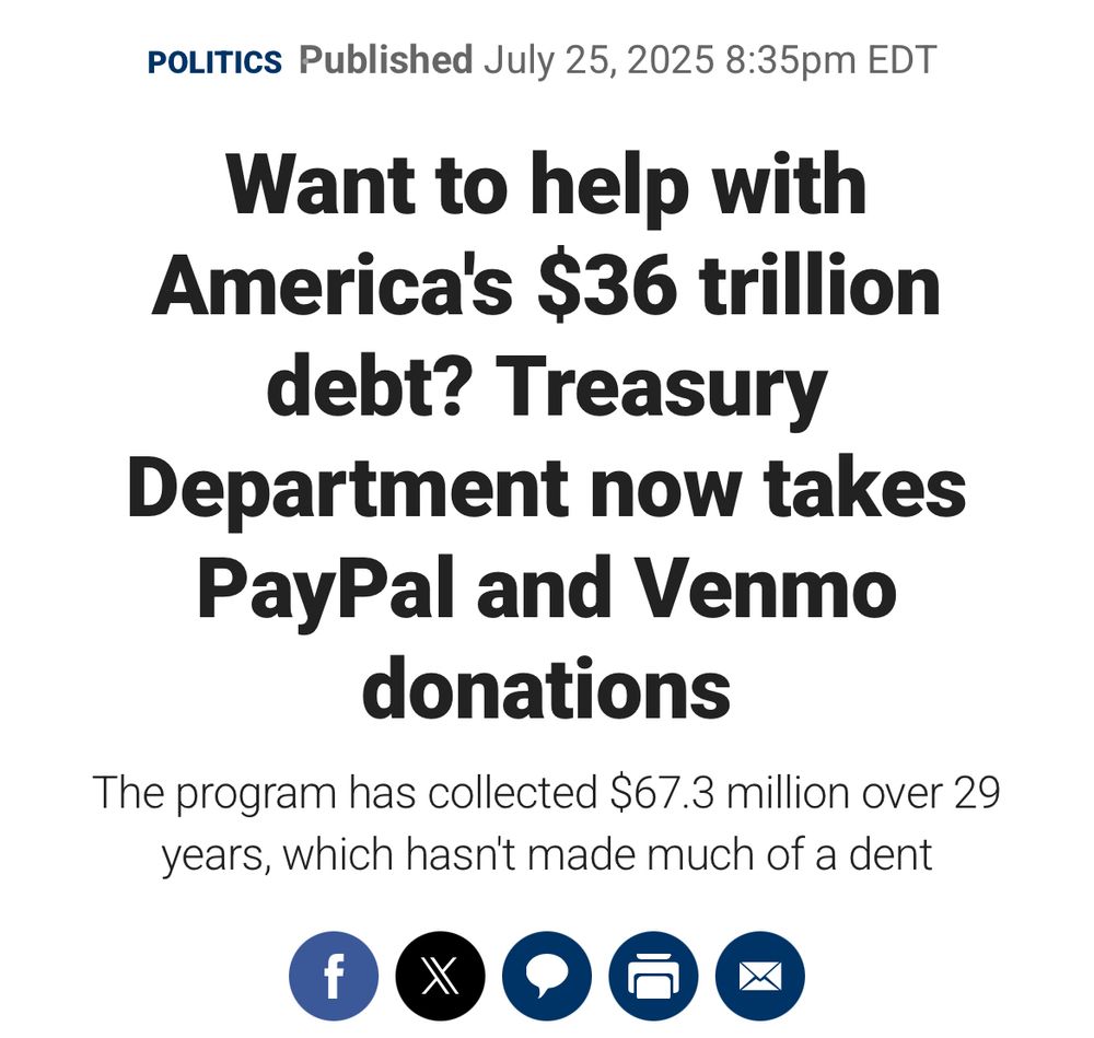 News article: Want to help with America’s $36 trillion debt? Treasury Department now takes PayPal and Venmo donations