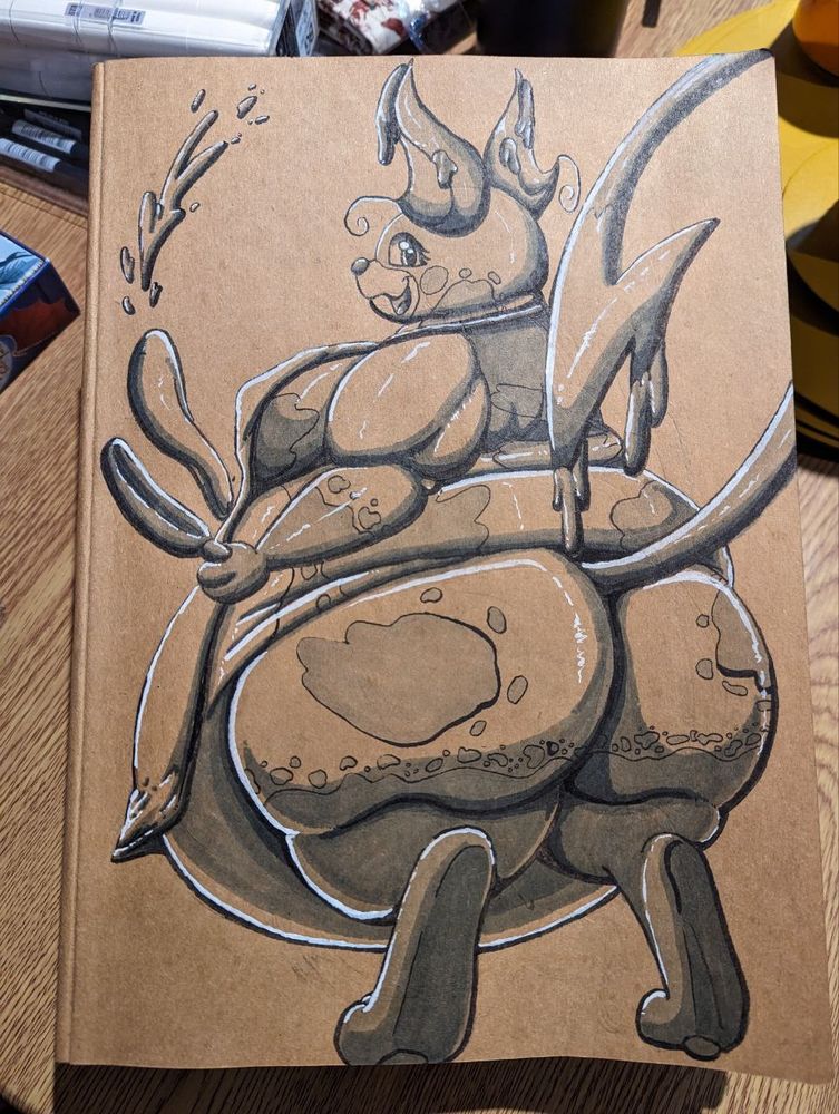 A photo showing traditionally-drawn artwork of Rolo. She's viewed from behind and slightly to the side. Her belly is so large that it can be seen hanging past her knees. She's looking at the viewer, wearing a cooking apron, and flipping a large pancake with a frying pan. 