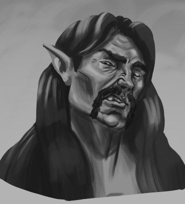 A monochromatic, painted portrait of a man wearing a disgusted expression. He sports pointed ears, a handlebar moustache and long dark hair.