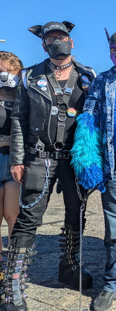 Me in my spiked platform boots with the rows of shiny buckles, leather jacket, nylon chest harness and black spiky pup hood with matching collar.