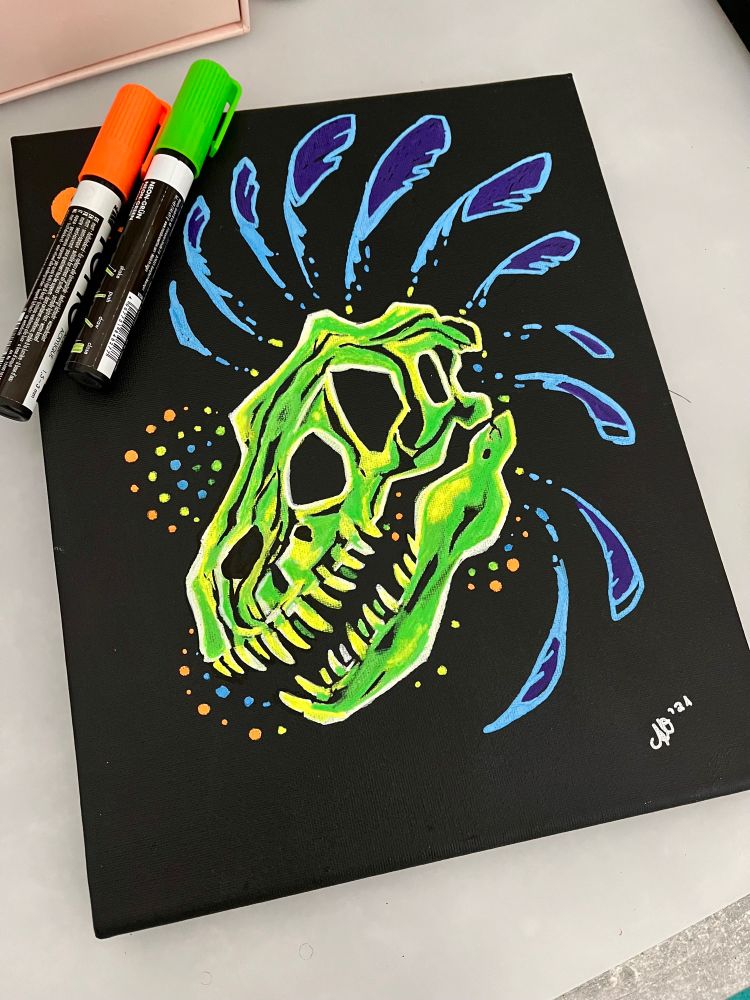 Acrylic painting of a dinosaur skull with feathers  around their head in neon colours. 