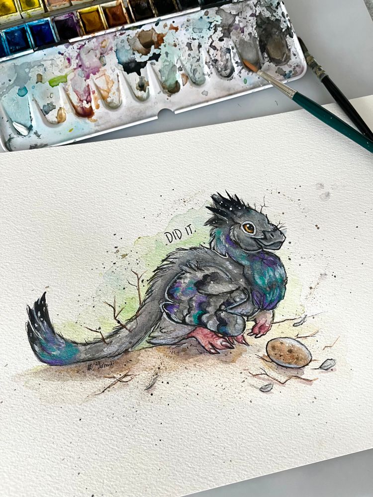 A pigeon patterned raptorian is exhausted from building a crappy nest. Done with watercolors 