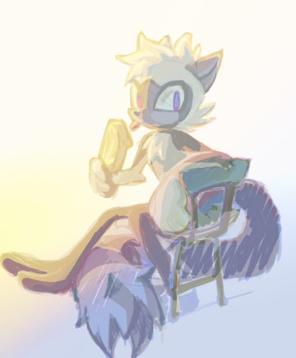 Digital drawing of Tangle the Lemur, in a partial lineless style. She holds a popsicle in one hand, with her tongue stuck out to lick it, while her other arm rests on the back of the chair she's sitting sideways on. Her tail weaves behind her and between her legs, and one of her feet rests on it.