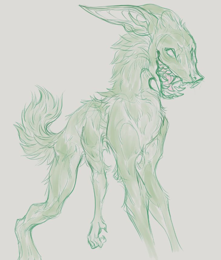 Digital drawing of a fictional creature; it has a pair of thin, wiry forelimbs, a second forelimb behind the first, and a lanky, wiry-muscled hind leg. Its tail resembles a dog's with long, feathery fur, while its head resembles a hybrid of flying fox and microbat features, with a toothy mouth.