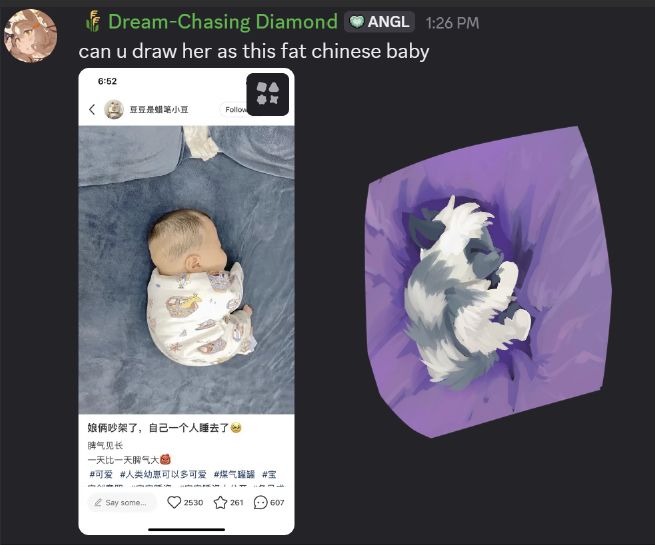 A screenshot of a Discord conversation, asking me to draw Tangle the Lemur ‘as this fat chinese baby’, with image attached. To the side of the image in the screenshot, Tangle is drawn as the baby, over a purple blanket.
