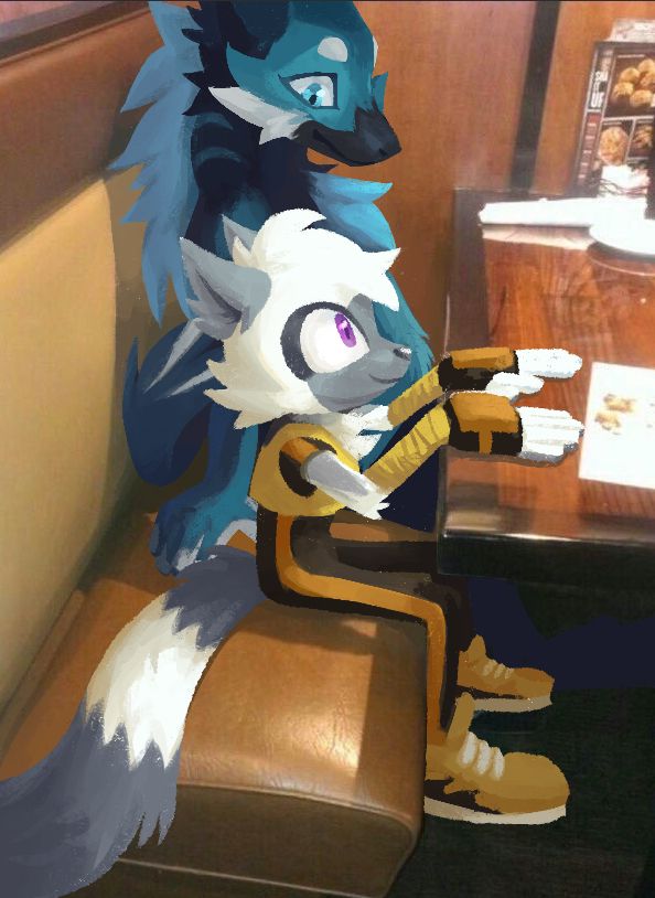 Edited image of Tangle the Lemur sitting at a restaurant booth, next to a larger anthropomorphic lemur character, the poster’s sona character. Tangle is looking expectantly up, perhaps towards food arriving at the table, while the other lemur smiles fondly at her.