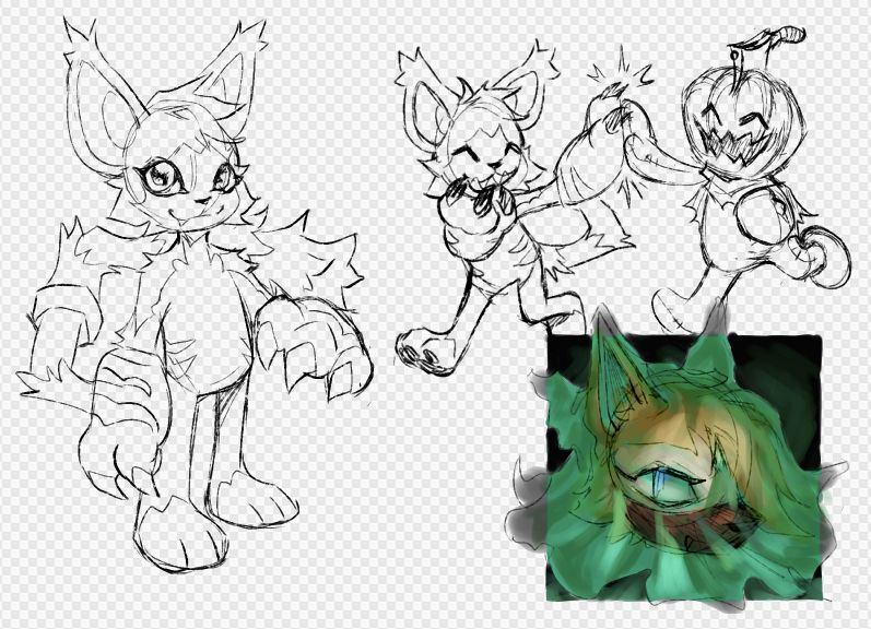 Digital sketches of a Digimon form of Tangle the Lemur, as well as Pumpkinmon, and a colored sketch of Whisper the Wolf wearing a Jade Wisp-inspired ghost costume, transparent enough to see her face under it, but obscuring her where the material overlaps itself.