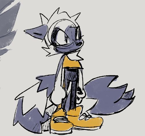 Sketch of Tangle the Lemur with simplified shapes and color scheme, more similar to the Genesis Sonic games art style. Her crop top, bright pants stripes, and shoes share the same yellow, while her irises, fur, and pants share the same purplish-grey. Hatching shades her eye markings and pants darker, and her tail is made up of distinct segments, each with three tufts of fur at the ends.