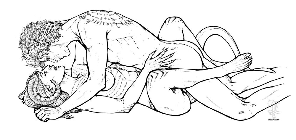 Lineart illustration of two figures - Astarion on top and Lyr - a female tiefling - beneath. She has one leg wrapped around his, a hand grabbing at his side, and the other holding the back of his neck, fingers in his hair.