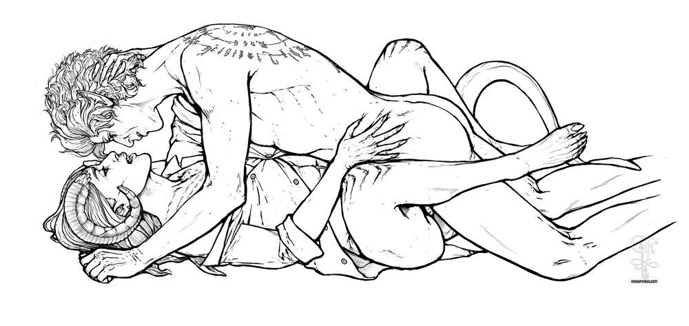 Lineart illustration of two figures - Astarion on top and Lyr - a female tiefling - beneath. She is wearing a mostly unbuttoned sleep shirt. She has one leg wrapped around his, a hand grabbing at his side, and the other holding the back of his neck, fingers in his hair.