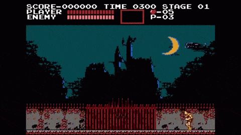 Un homme arrive devant la grille rouillée d'un domaine, de nuit. Au loin, la sombre silhouette d'un chateau et de chauve-souris
(Castlevania - 1986)
