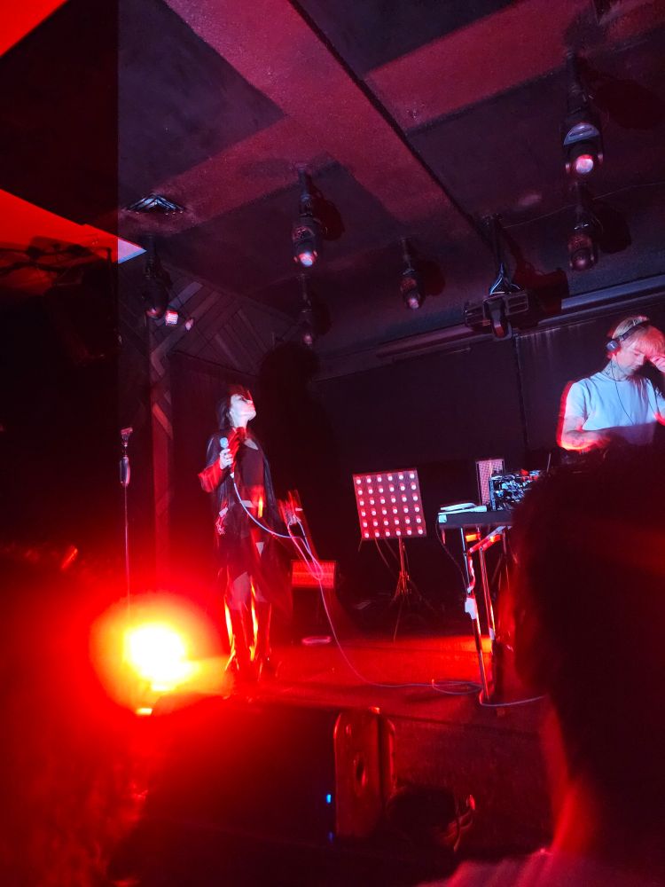 Female singer left and male producer right, on stage in red light, slightly out of focus 