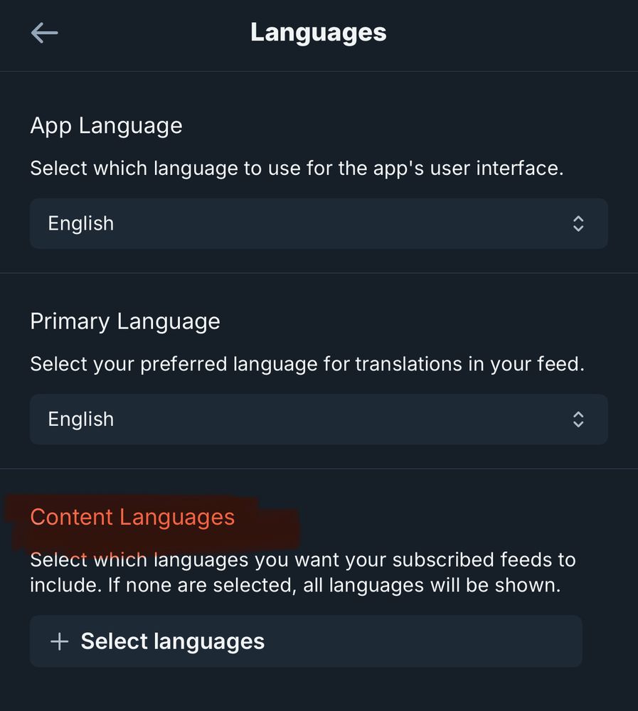 Screenshot of Bluesky’s language settings, with the section “content languages” highlighted 