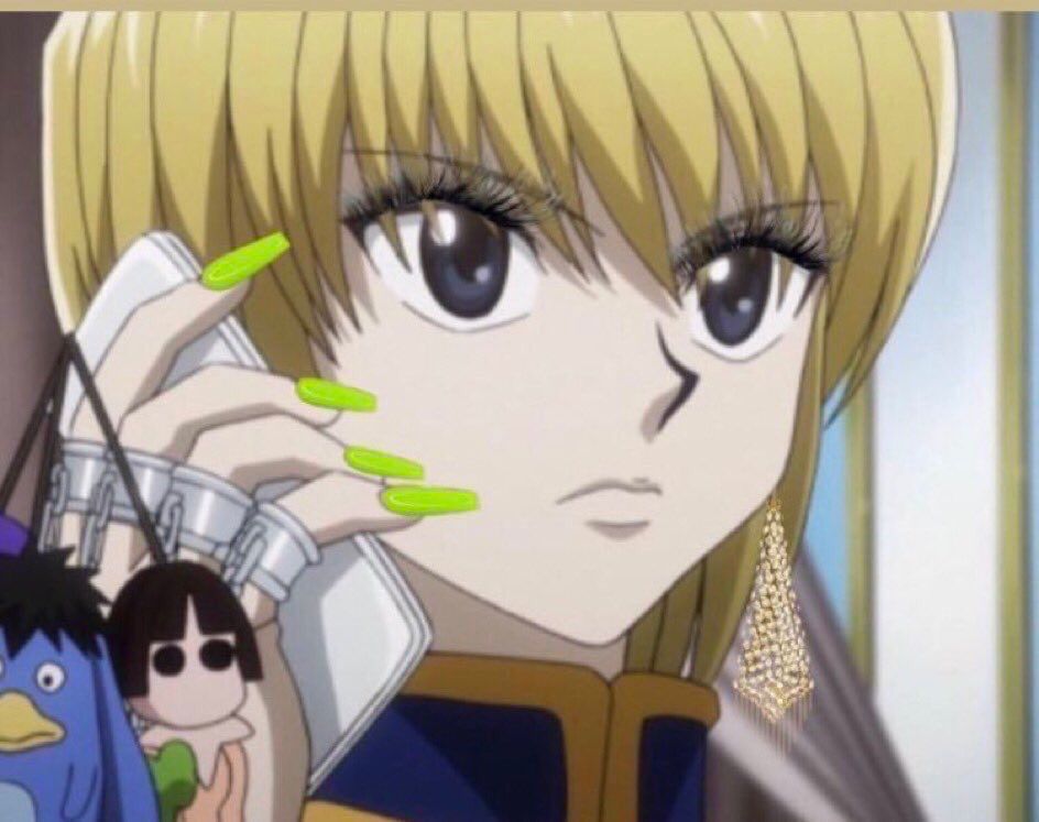 Kuripika from HunterXHunter edited to have long eyelashes and long green nails, holding a phone up to his ear