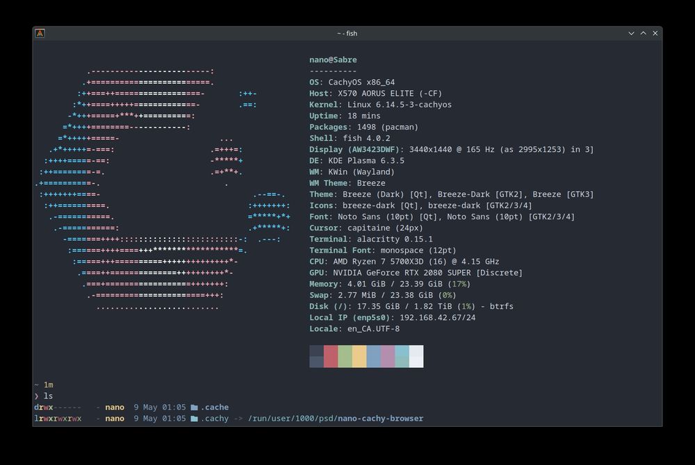a screenshot of hyfetch running with fast fetch as the backend