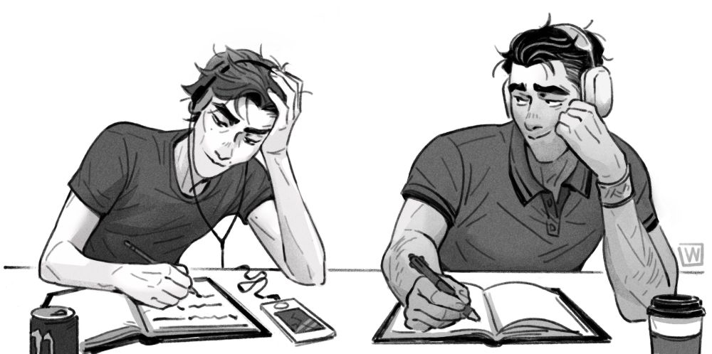 viktor, on the left and jayce, on the right, are studying while wearing headphones.