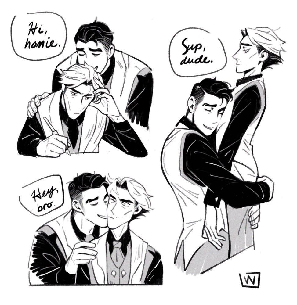 Jayce Talis greeting his totally platonic lab partner in very normal ways, such as, “Hi homie.” “Hey bro” and “Sup dude” while providing smooches and hugs as affirmations of their purely professional partnership. 