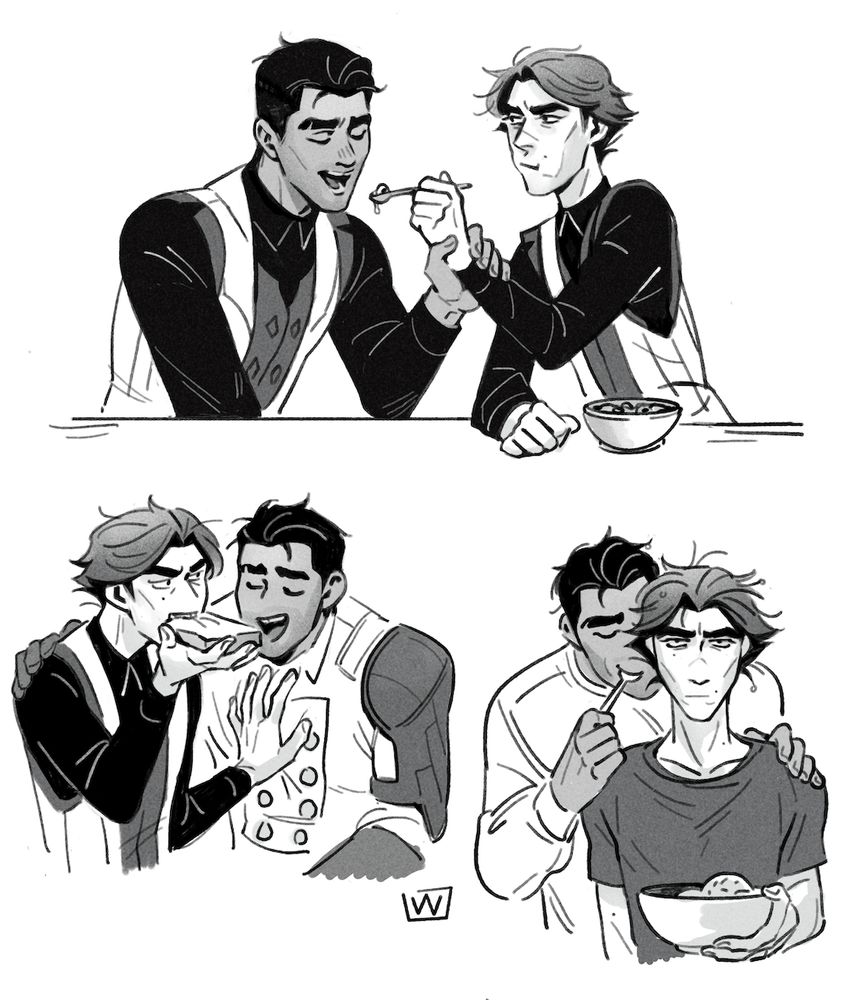 three totally respectable jayvik sketches. top most sketch, jayce has taken viktor's hand, holding a spoon, and about to eat his cereal. left sketch, viktor is eating toast while pushing jayce away. right sketch, viktor and jayce, post shower in casual jammies, jayce with a spoon in his mouth, and viktor holding a bowl of icecream. 