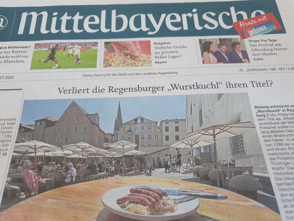 Bild vom Titel der Mittelbayerischen Zeitung zum Thema Regensburger Wurstkuchl verliert ihren Titel ( als älteste Wurstbraterei)...