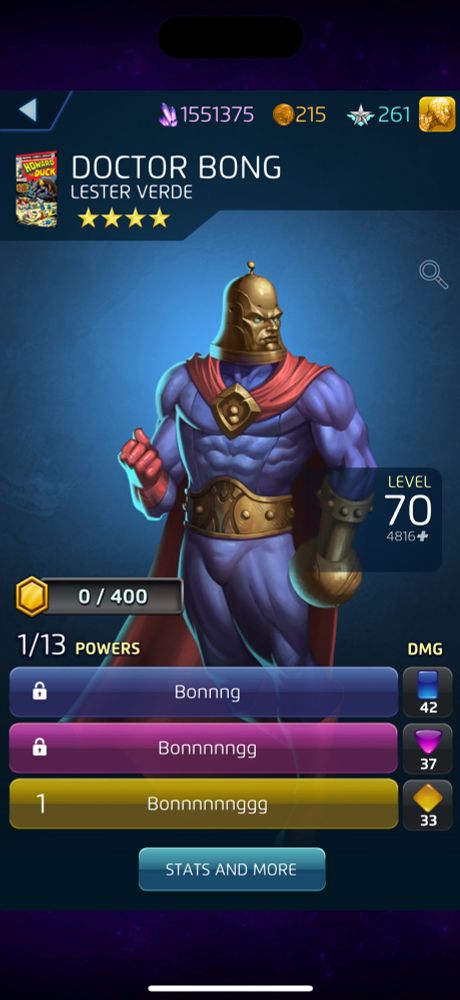 Doctor Bong (Lester Verde) Marvel Character, a bell themed villain, from the Marvel Puzzle Quest game.