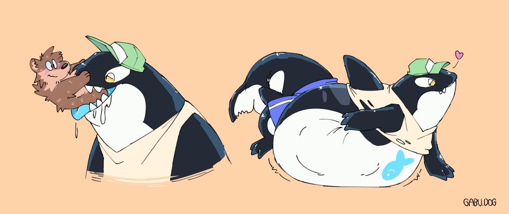 Two panel comic of Koro, a large anthro orca, gobbling up a brown otter friend.

In the first image it has the otter in its maw, tail-first. Koro is drooling heavily and looking a bit dazed while the otter is trying to push back with its front legs against Koro's nose.

The second image shows Koro on its very large inflated belly, trying to squish down its struggling prey. Its belly is so big that its hindlegs cant even touch the ground anymore, and its shirt is ripping in places from being stretched too far.