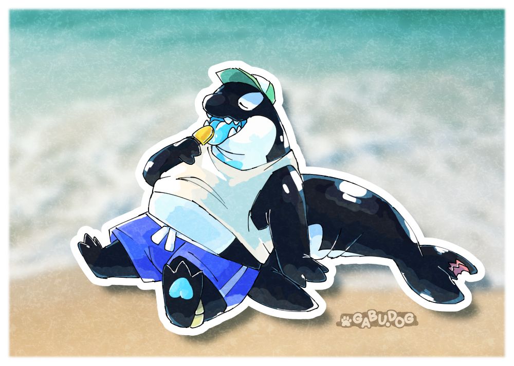 Art of an anthro orca wearing a tanktop and blue swim shorts, sitting on the beach,  leaning back against its big squishy tail, and licking an orange popsicle with its big blue tongue. It looks relaxed.