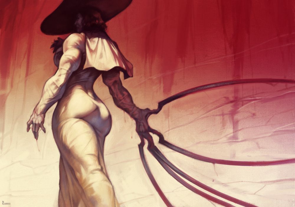 Painting of a muscular and booty-licious Lady Dimitrescu from Resident Evil 8. She is walking down the hallway, scratching the walls with her elongated claws (the sound and menace of which is out of this world and directly inspired this piece). Her dress is wrapped snugly around her buttocks and veiny arms alike.