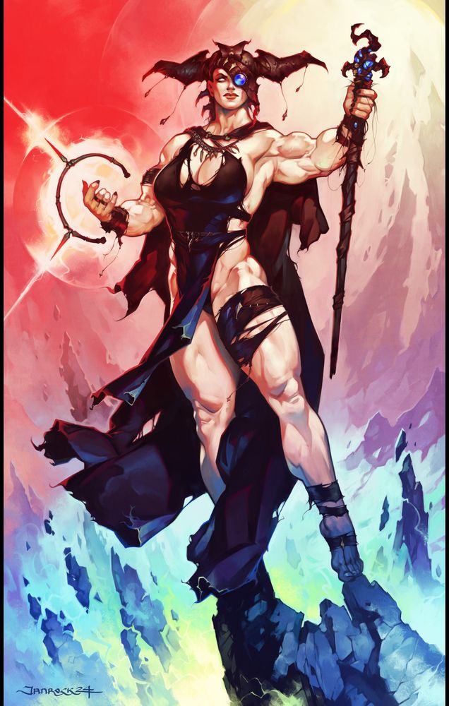 A fantasy painting depicting a muscular female magic-user from the Dark Sun universe, after the original design by Brom. The witch is channeling the life-essence from the surrounding mountains, shattering them. She uses a staff and a focusing ring which floats around her flexed arm. She wears torn-up clothing and a funny winged headpiece with a lens over her left eye.