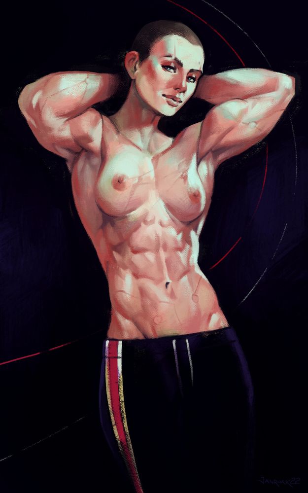 Portrait of commander Shepard from Mass Effect, as depicted in the artworks of LuckyFK (@FkLucky). She is slender and lean, with scarred muscular torso; her arms are raised and flexed, hands behind her close-shaven head. She is topless, her body brightly illuminated against a dark background.