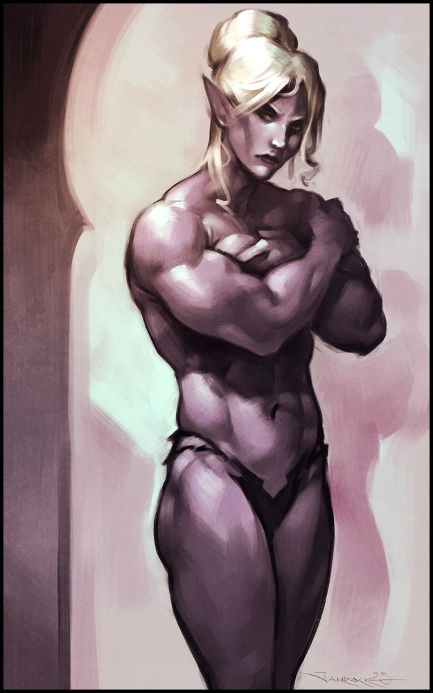 Sketch portrait of Minthara of house Baenre from Baldur's Gate 3. She is topless, her arms are crossed over her torso. Her body is very athletically built, with broad shoulders and thick arms. Despite her superlative physique, she appears to be grumpy or, more likely, pondering some ill intent.