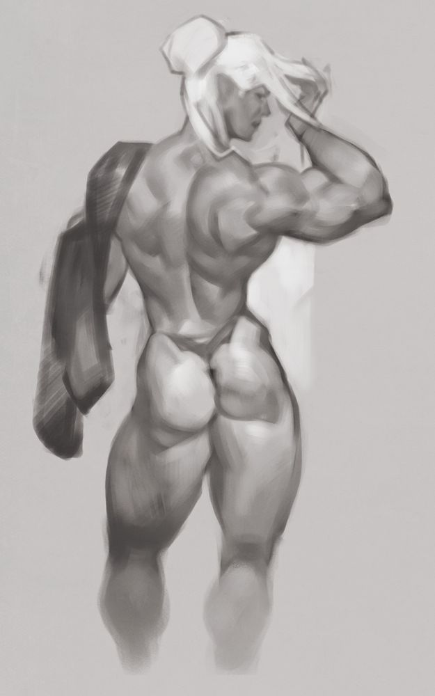 Sketch portrait of Minthara from Baldur's Gate 3. She is depicted from the back, her hips are swayed and legs are in contrapposto. She is looking back at the viewer. One of her shoulders is covered under a towel.