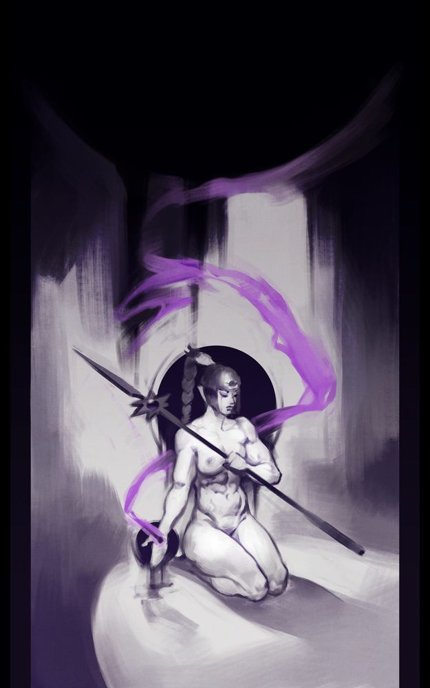 Sketch painting of Shadowheart from Baldur's Gate 3. She is depicted  in the nude and kneeling, with Shar's Spear of Evening in one hand and her other arm outstretched; wound on her open palm is oozing black blood and purple pain.