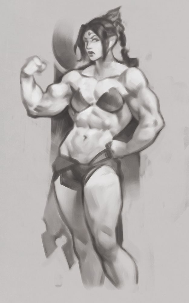 Sketch portrait of Shadowheart from Baldur's Gate 3. She is musclebound, with a silhouette of a classic 70s bodybuilder, wearing stylized gym clothes with a Dark Justiciar skirt. She's flexing her biceps and looking enviously at Lae'zel to the right (who is not in this picture)