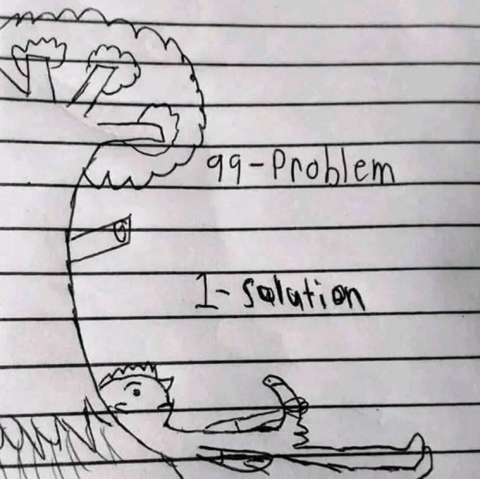 Drawing of a dude jerking off under a tree with text that says 99 problem 1 solution. Jerking off being the 1 solution