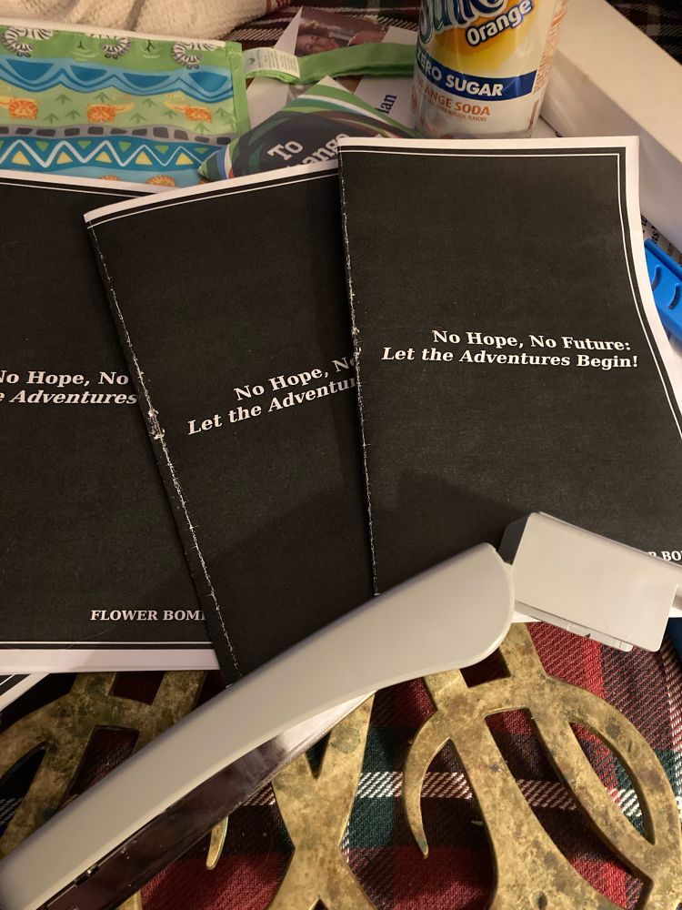 A picture of a zine and a stapler. The title of the zine reads no hope no future let the adventure begin by flower bomb. 