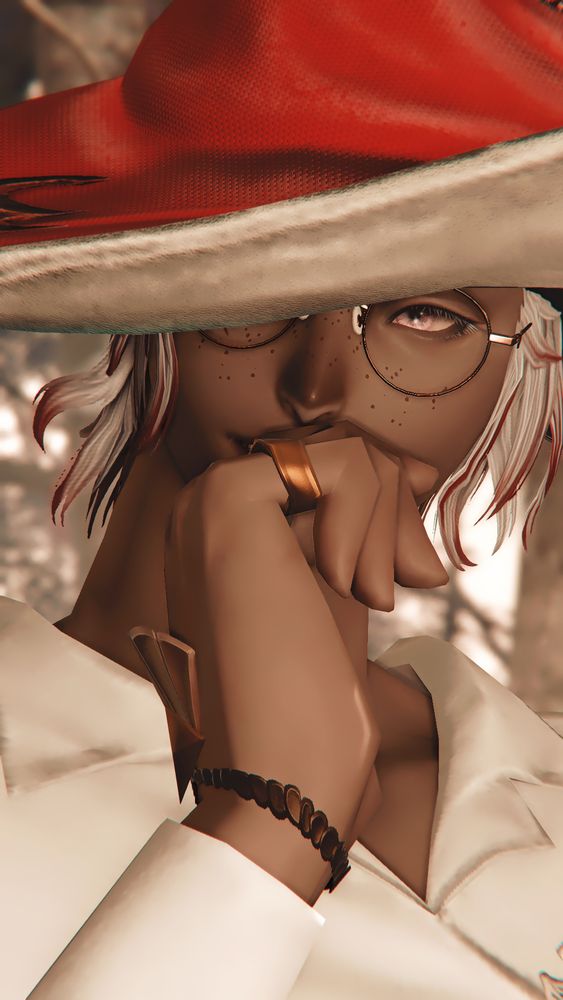 a close up of rava viera warrior of light viktor snickering behind his hand, the brim of his hat pulled down to obscure one eye while the other shines faintly.