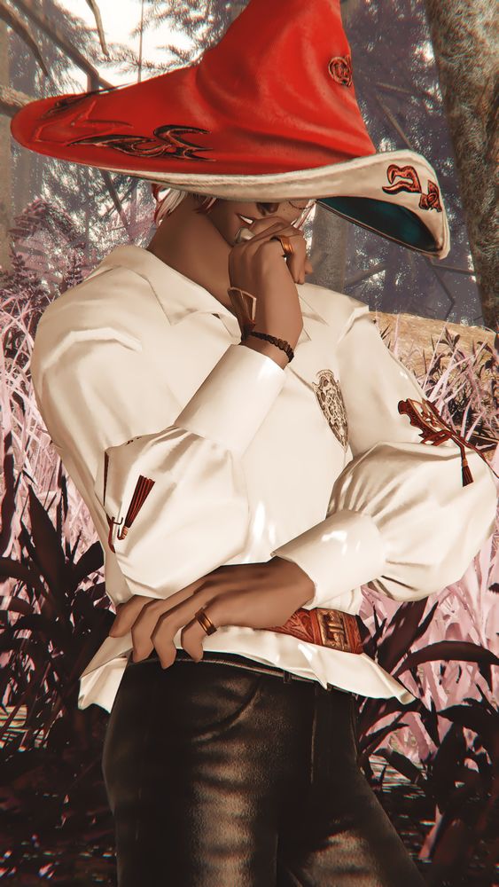 a gpose of rava viera warrior of light viktor smirking from beneath a wide-brimmed red hat. he is dressed simply otherwise, in a plain white shirt and black trousers.