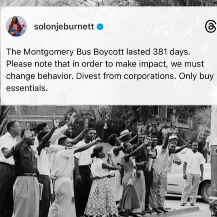 solonjeburnett
The Montgomery Bus Boycott lasted 381 days.
Please note that in order to make impact, we must change behavior. Divest from corporations. Only buy essentials.
