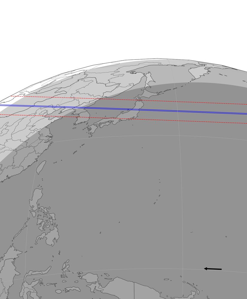 7月8日22:05(日本時間)に日本付近で予報されている3I/ATLASによる恒星掩蔽の予報経路図