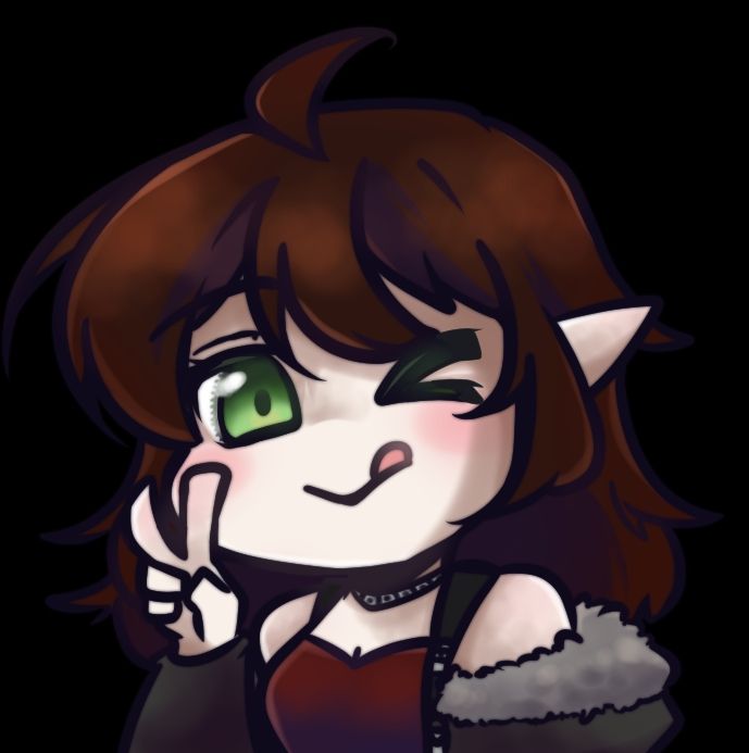 A chibi drawing of May being cute and silly, her tongue sticking out as she holds a peace sign.