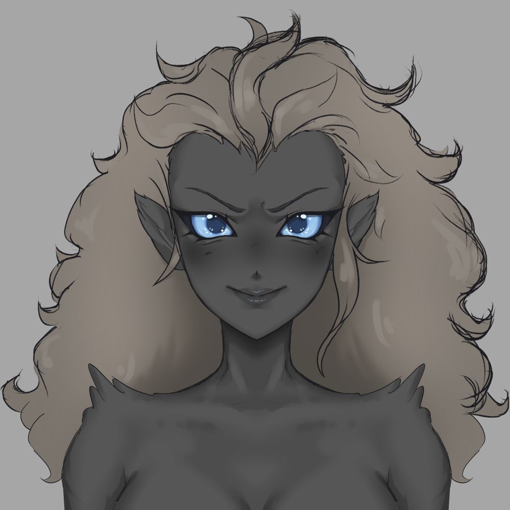 A drawing of a harpy woman with black feathers, blue eyes, and dark diry blonde hair. She smiles at the viewer mischievously.